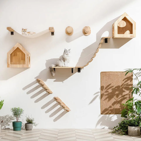 Cat Climbing Shelf Wall Mounted Four Step Stairway With Sisal Scratching Post For Cats Tree Perch Platform Jumping Furniture