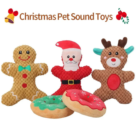 Xmas Pet Dog Plush Chew Toy Santa Elk Gingerbread Man Donut Cat Dog Christmas Series Cartoon Dog Toy Plush Squeak Toy Cookies