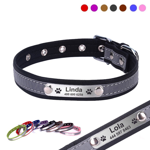 Personalized Collar Leather Reflective Engraved ID