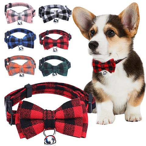 Pet Bow Tie With Bell Collar Plaid Style