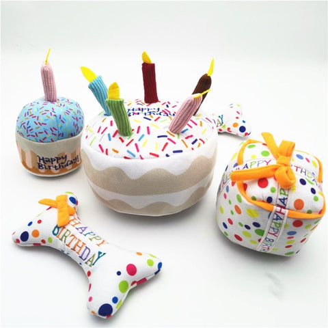 Birthday Pet Plush Toy Interactive Bite Resistant Celebration Squeaky Chew Cupcake Stuffed Toys Pet Birthday Cake Play Toy